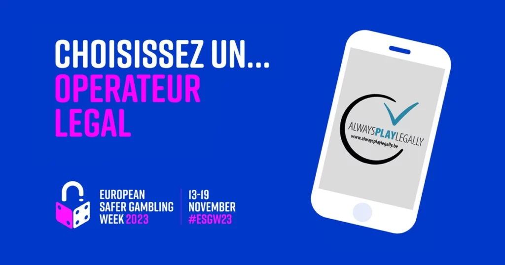 téléphone blanc avec le logo always play legally sur fond bleu avec le titre "choisissez un... opérateur légal"