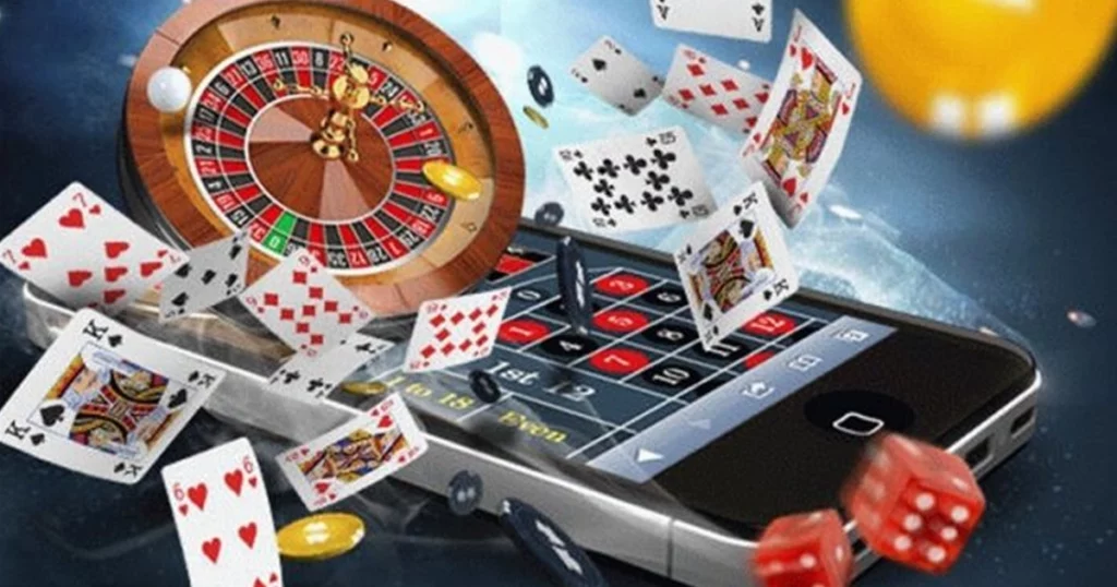 phone showing a casino game with roulette, cards, dice and chips around it.