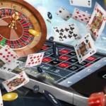 Phone showing a casino game with roulette, cards, dice and chips around it.