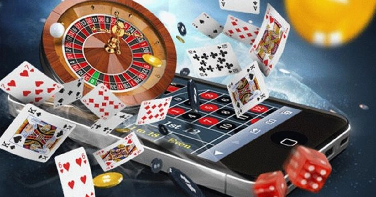 Téléphone montrant un jeu de casino avec autour une roulette, des cartes, des dés et des jetons.