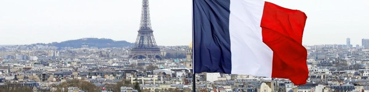 Vue des toits de paris avec la tour eiffel et le drapeau français.