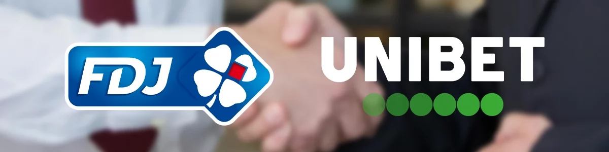 Two men shaking hands in the background with the fdj and unibet logos