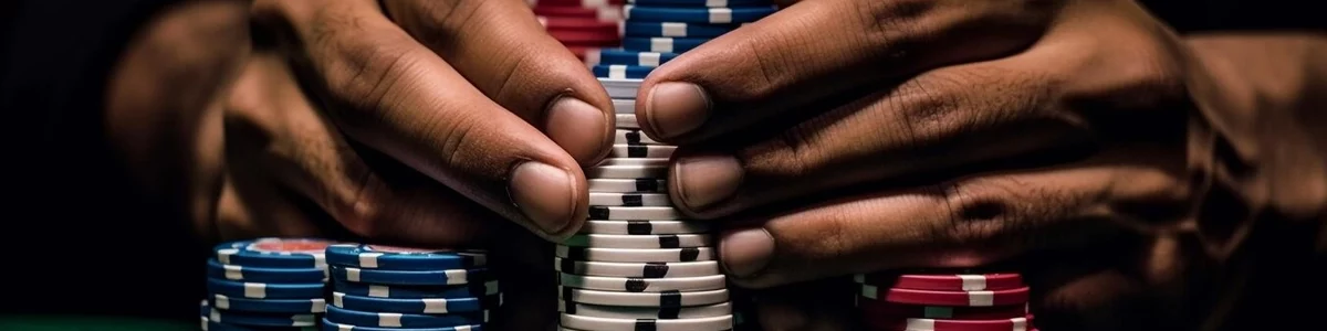 Hands surrounding casino chips on black background
