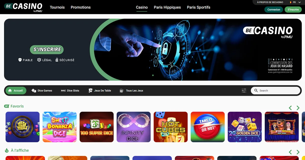 Le site web de becasino montrant des jeux de casinos et une bannière de jeu sécurisé et fiable