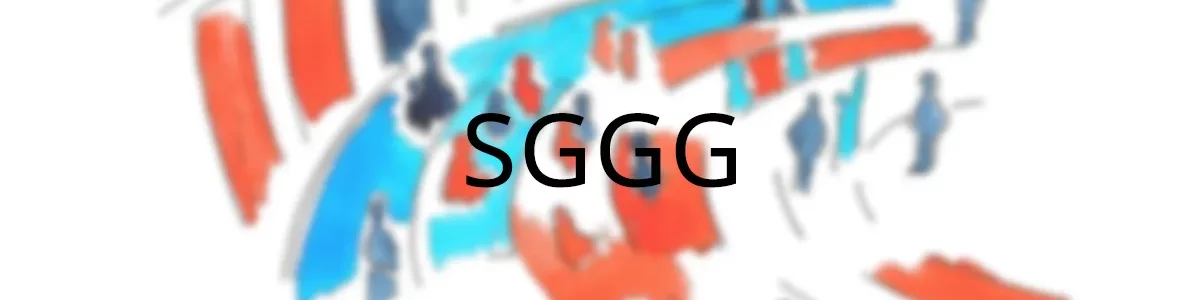 The sggg logo on a blurred red and blue background