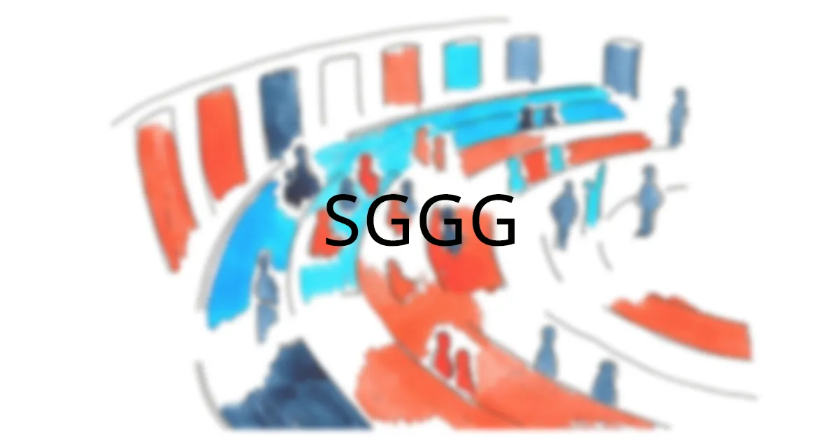 The sggg logo on a blurred red and blue background