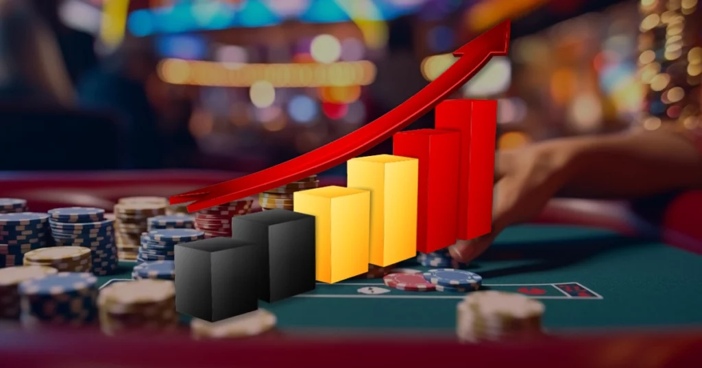 un graphisme statistique montrant des barres au couleur du drapeau belge avec une grande fleche rouge vers le haut, sur un fond de casino.