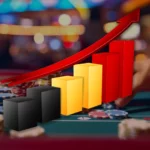 Een statistische afbeelding met balken in de kleur van de belgische vlag met een grote rode pijl naar boven, op een casinoachtergrond.