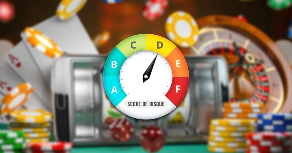 compteur rond avec différentes couleurs et les lettres A B C D E F montrant un score de risque sur un fond flouté montrant des jeux de casino