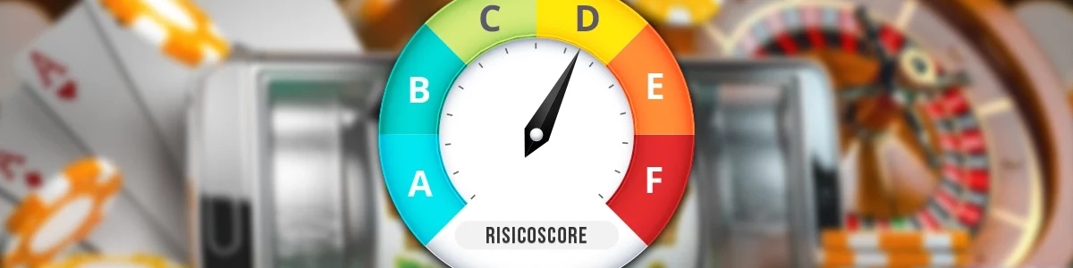Ronde teller met verschillende kleuren en de letters a b c d e f die een risicoscore tonen op een onscherpe achtergrond met casinospellen