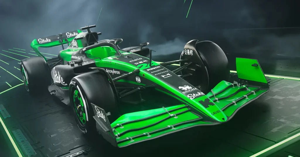 The green and black Formula 1 car of the Stake Kick Sauber F1 Team