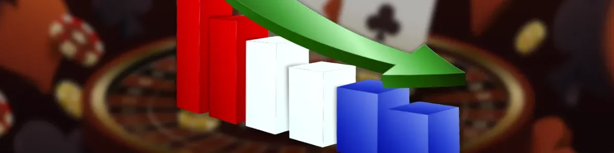 Een nederlandsgekleurde grafiek, met een groene pijl naar beneden om een ​​daling weer te geven, allemaal op een onscherpe achtergrond die casinospellen vertegenwoordigt.