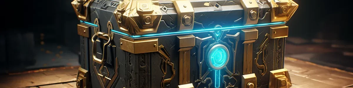A lootbox shaped like a treasure chest in a cave