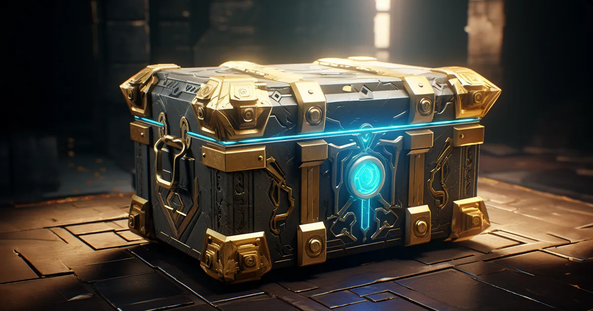 A lootbox shaped like a treasure chest in a cave