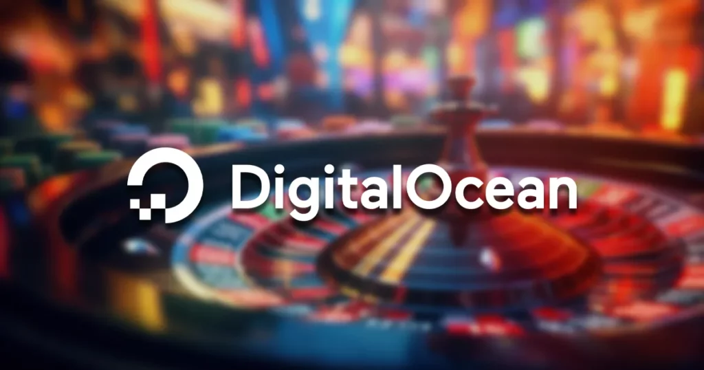 Logo DigitalOcean sur un fond de casino flouté.