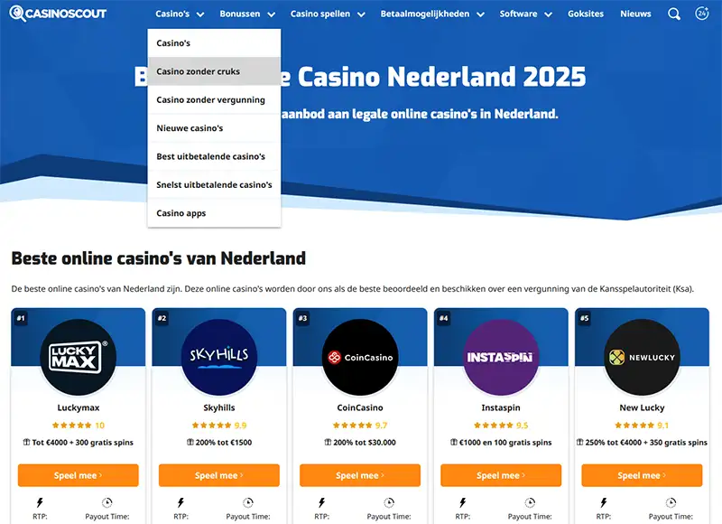 Capture d'écran du site casinoscout. Nl montrant le menu "zonder cruks"