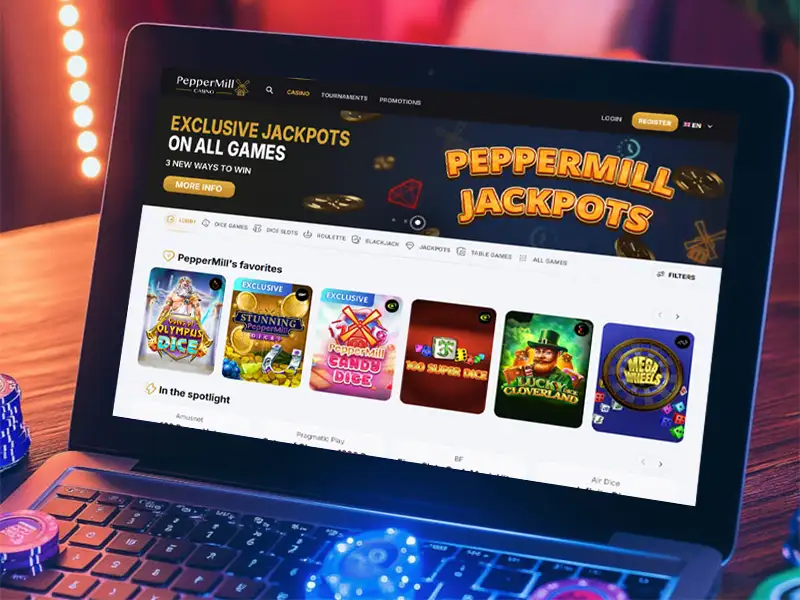 A laptop showing peppermill casino for safer gambling