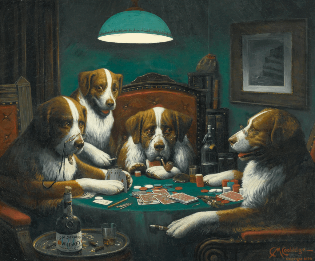 Gambling club dogs playing poker cassius marcellus coolidge poker game 1894 painting