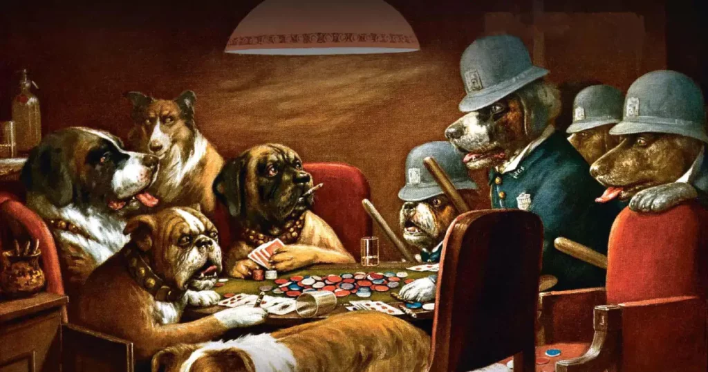 gambling club dogs playing poker painting cassius marcellus coolidge pinched with four aces 1903